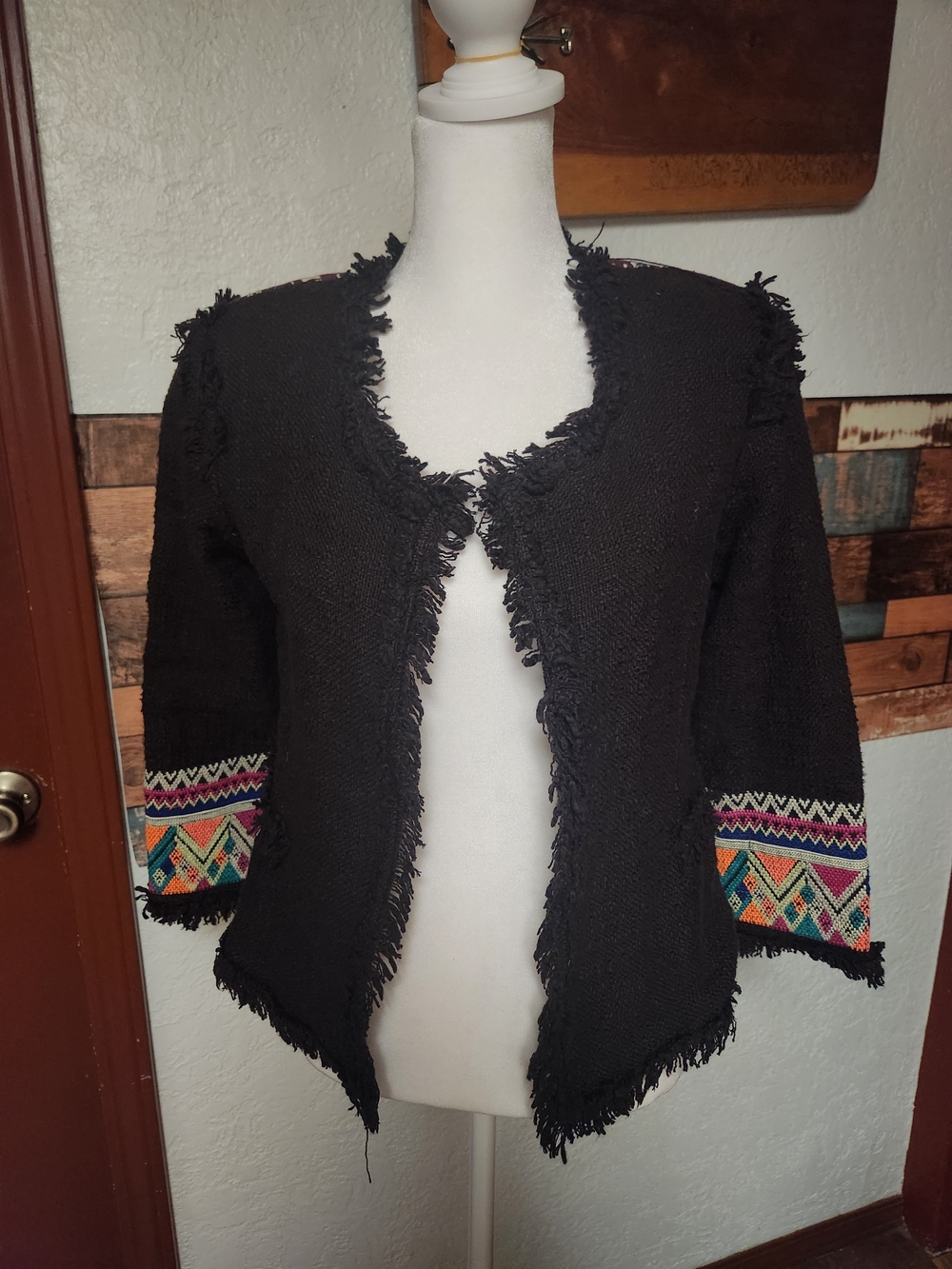 Billabong Lou Embroidered Black Cropped Fringe Jacket Bohemian